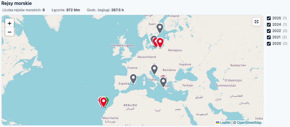 Mapa rejsów morskich z filtrami lat